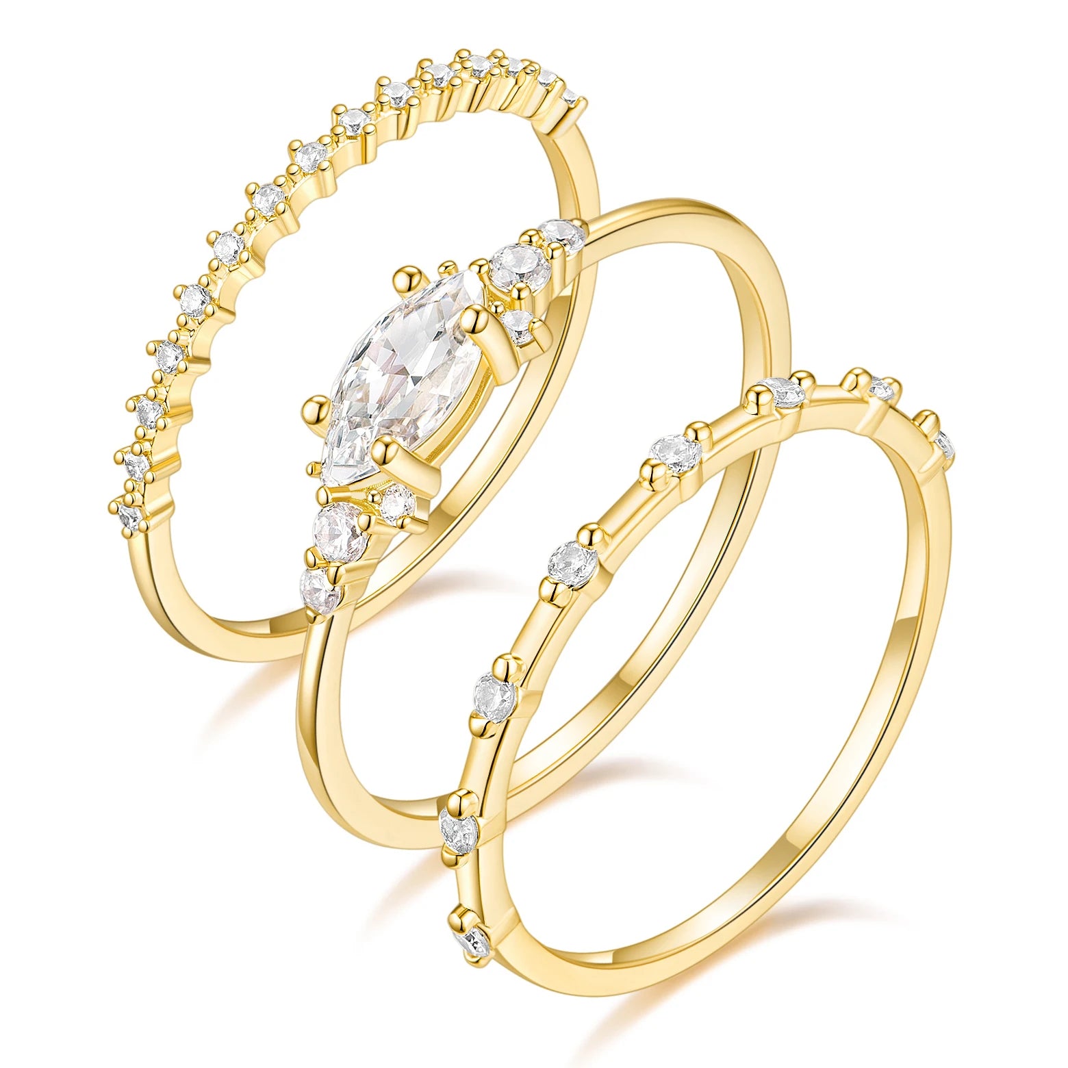 OAHLAN 3pcs 14K Gold Plated Cubic Zirconia Dainty Copper Ring Sets Trendy Stackable for Women Thin Wedding Party Anniversary