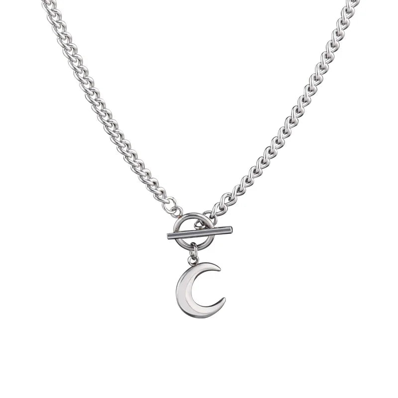 Fashion Women Hiphop Titanium Steel Necklace Jewelry Silver Stainless Steel OT Clasp Moon Pendant Necklace Jewelry Wholesale