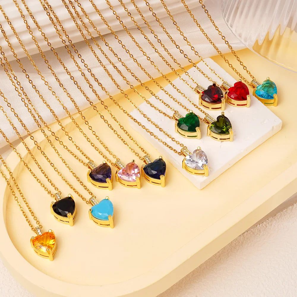 Women Festival Gift 18k Gold Plated Stainless Steel Chain Love Heart Cubic Zircon Twelve Birthstone Heart Necklace Jewelry