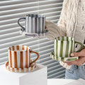 Modern 280ml Hot Selling Ceramic Pottery Cappuccino Coffee Cup with Handle Saucer Set Striped Latte Cups Plate