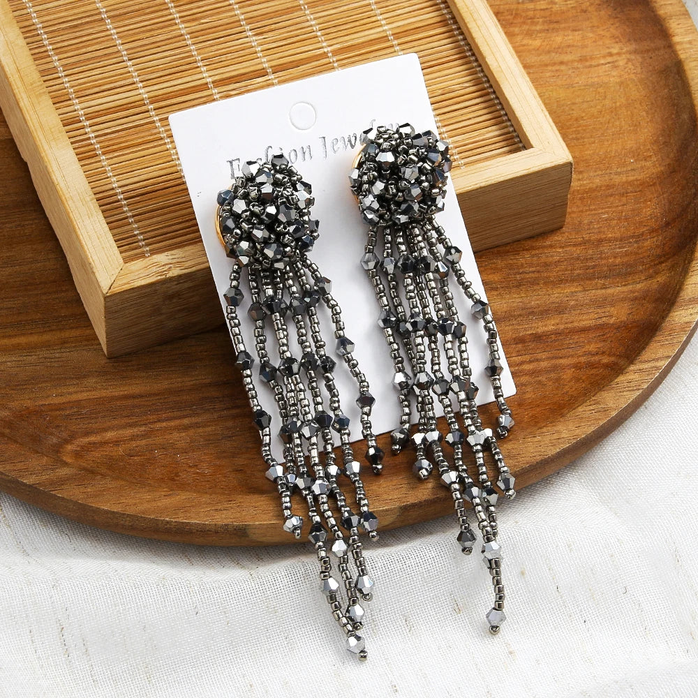 2025 New Exaggerate Retro Korea Inflorescence Pendant Earring Long Tassel Glass Flower Hydrangea Hand Woven Bead Stud Earrings