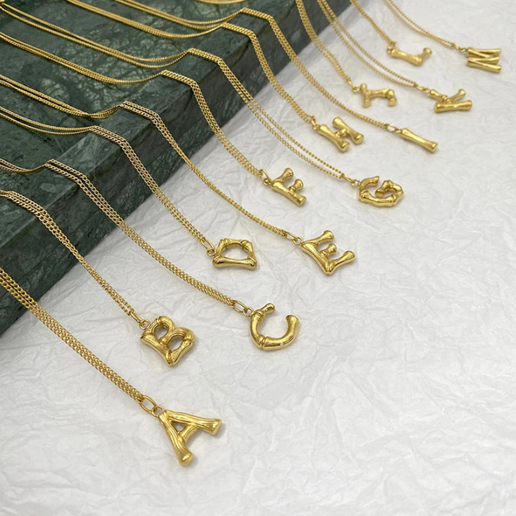 Collar Fashion Women Jewelry Stainless Steel Small 26 Alphabet Shape Charm A-Z Minimalist Gold Bamboo Initial Letter Necklace