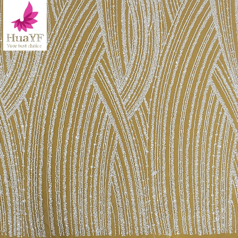 Top Quality Hot Sale Pure White Heavy Beaded Sequins Lace African Wedding Bridal Lace Dress Fabric for 5 Yards HY2130-3
