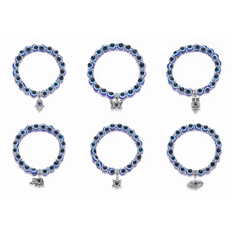 Evil Eye Hamsa Blue Beaded Charm Stretch Bracelet Hand of Fatima Turkish Lucky Evil Eye Bracelet