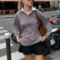 Enyami Cool Top Niche Contrast Color Striped Loose T Shirt Autumn Retro Long Sleeve Buttons Contrast Turndown Collar Tops
