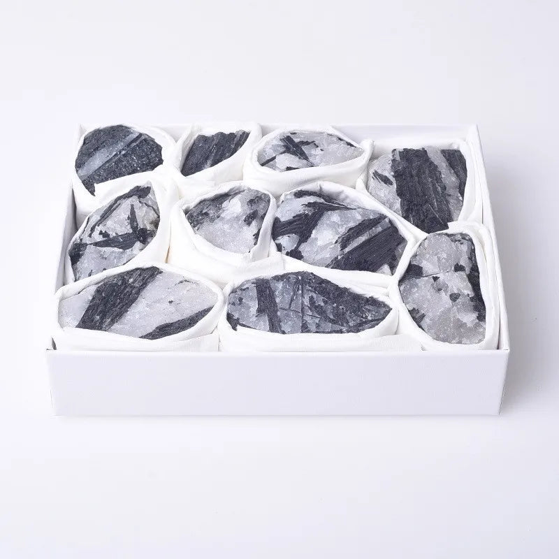 HZ Natural Crystal Black Rutilated Tourmaline Box Raw Rough Specimen Chakra Fengshui Healing Folk Crafts Stone Set for Home Decor