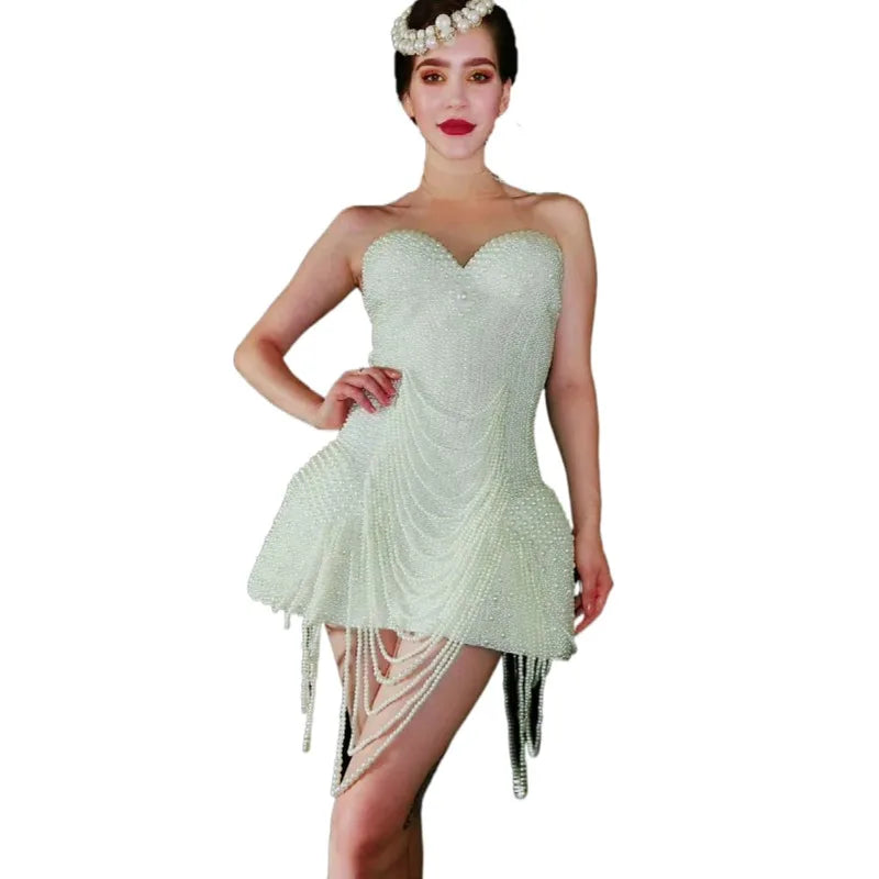 Elegant White Pearls Tassel Birthday Prom Dress Ladies Vintage Dance Stage Performance Wear Bride Wedding Party Dress Women