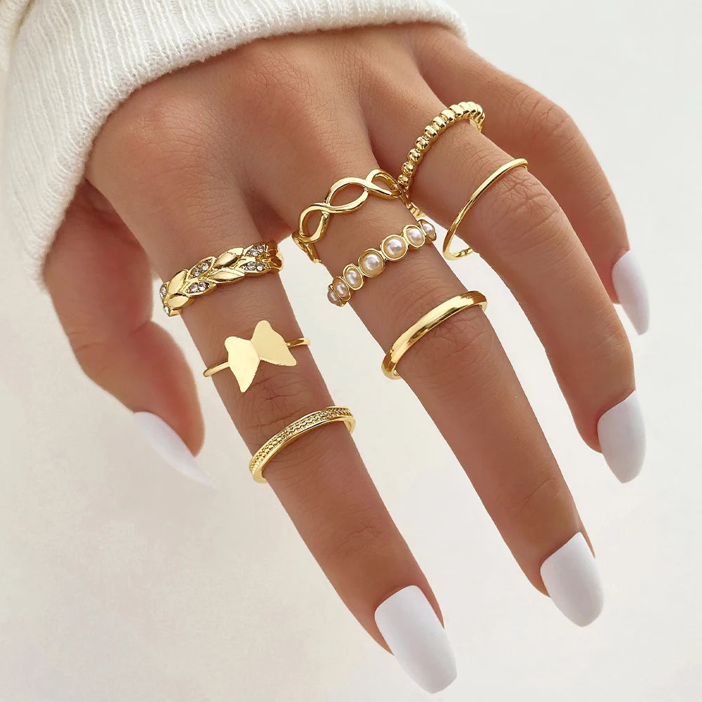8Pcs/Set Wheat Ear Pearl Butterfly Ring Set for Women Jewelry