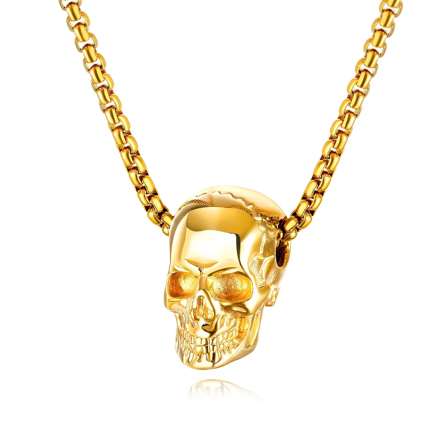 Fashion Golden Silver Black Hollow Skull Pendant Gold Plated Stainless Steel Beads Chain Hip Hop Unisex Necklace