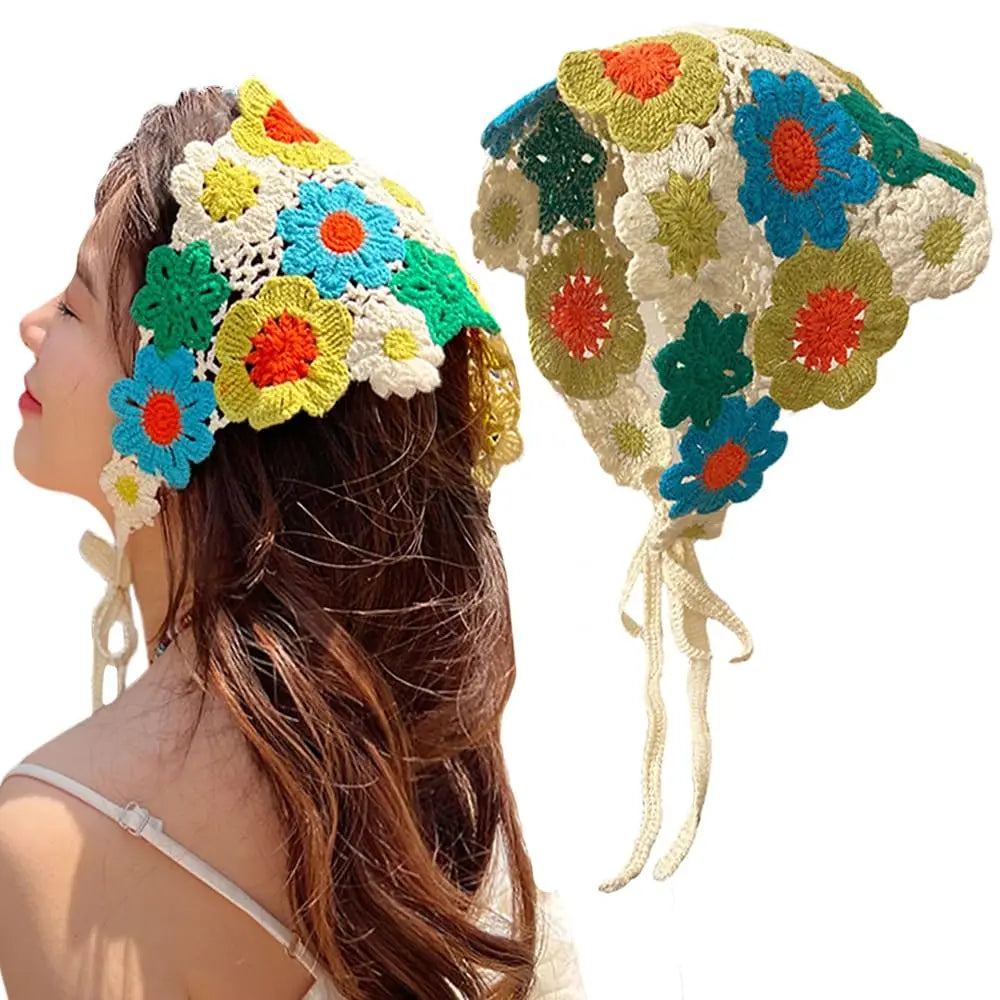 Wholesale Pastoral Triangle Scarf Women Girls Hair Accessories 1pc Flower Bandana Knitted Floral Headband Crochet Headdress