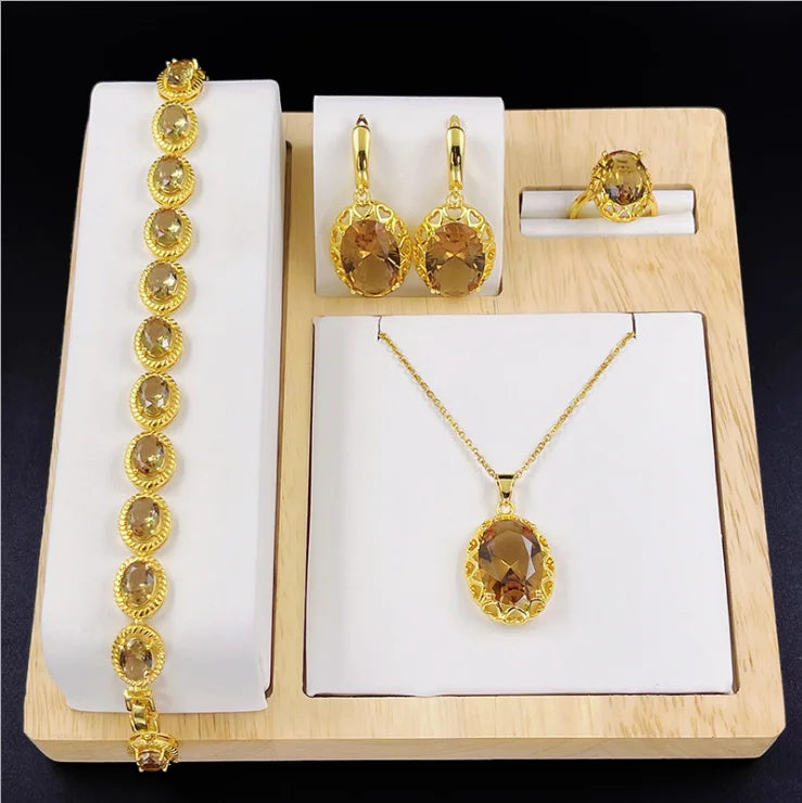 Luxury Designer Bridal Turkey Sultanite Zultanite Yellow Gold Gemstones Diamond Zircon Wedding Jewelry Set for Women Ladies