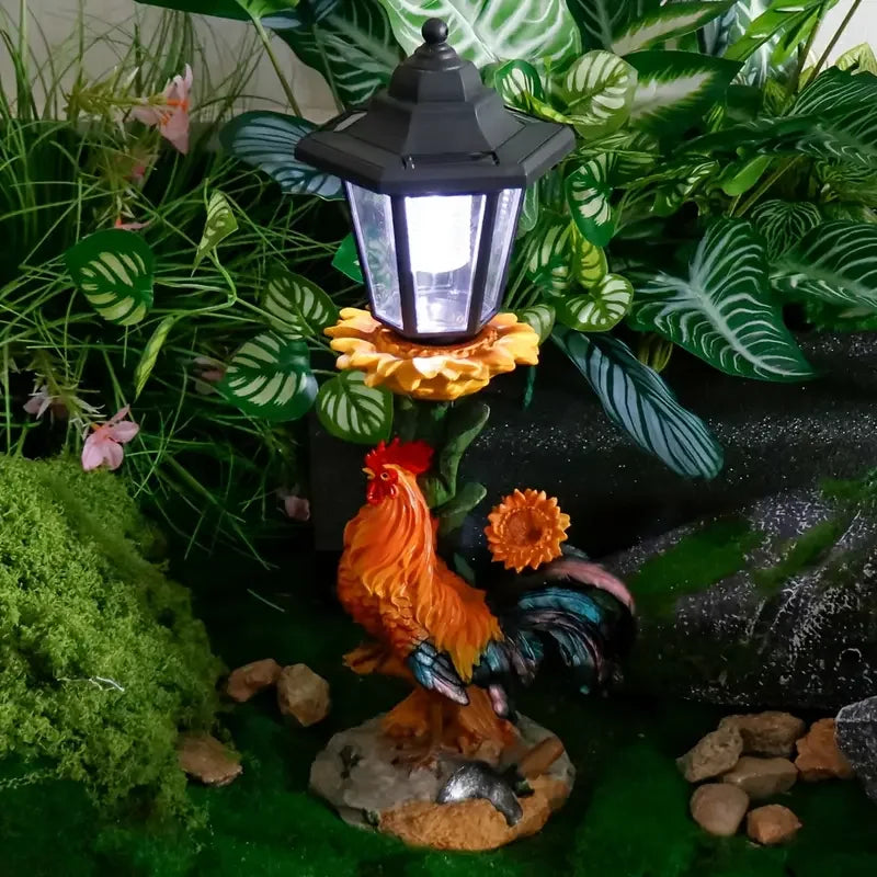 Solar Powered Rooster Resin Statue with LED Sunflower LanternColorful Garden Decor for Outdoor Patio