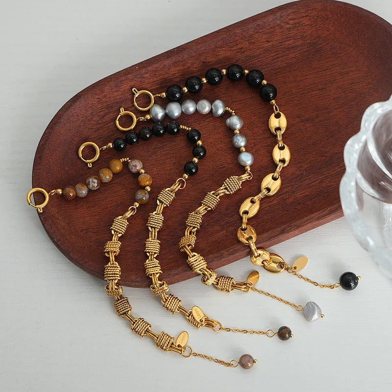 Minimalist Stainless Steel Copper Woven Chain Bracelet Natural Stone Agate Gemstone Bracelet Fresh Water Pearl Bracelet