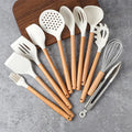 12pcs Durable Heat Resistant BPA Free Silicone Kitchen Cooking Utensil Set with Wooden Handles and Spatula