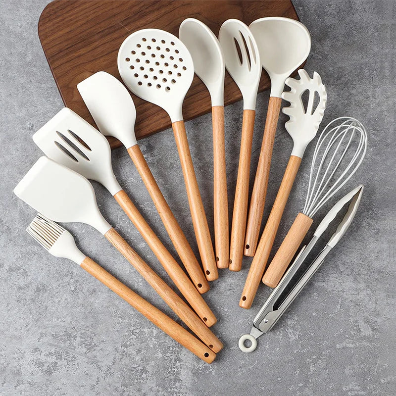 12pcs Durable Heat Resistant BPA Free Silicone Kitchen Cooking Utensil Set with Wooden Handles and Spatula