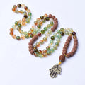 108 Bodhi Seed Mala with Beautiful Hamsa Pendant Necklace Natural Rudraksha with Stone Beaded Necklace Mala for Men Women