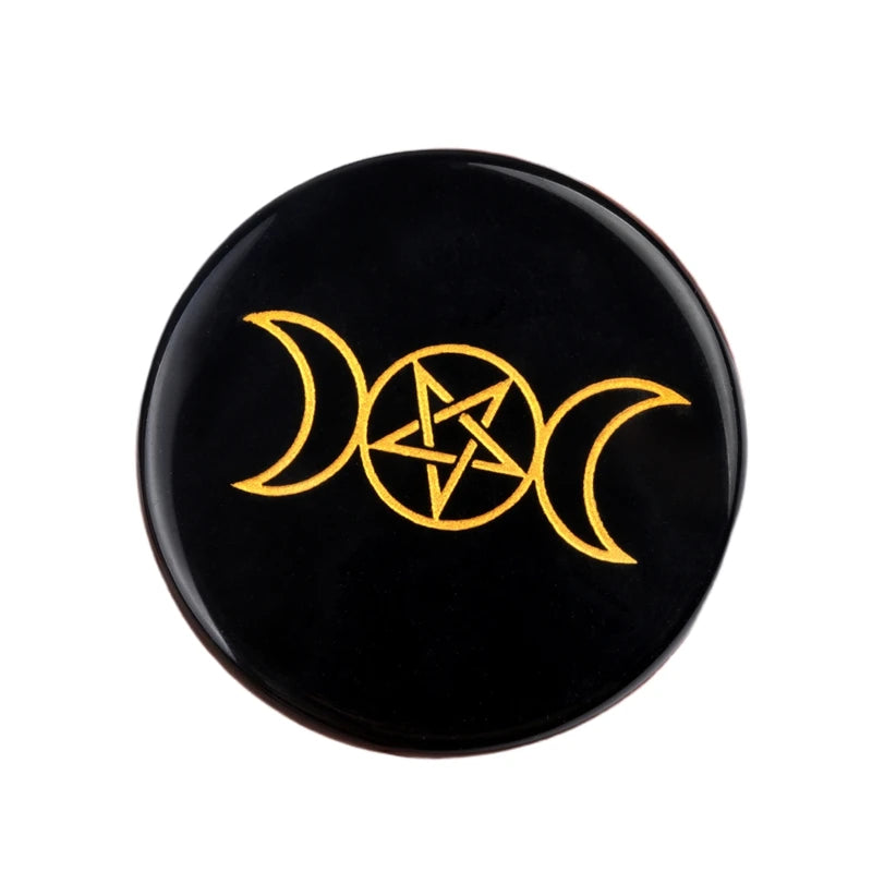 Hand Carved Polished Natural Obsidian Gemstone Solar Symbol Engraving Reiki Obsidian Disc for Decoration Gift