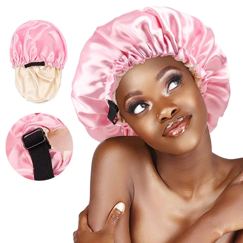 Wholesale Solid Color Double Layer Satin Hair Bonnet Adjustable Bonnets and Satin Hair Wraps Personalized Custom Logo Bonnet