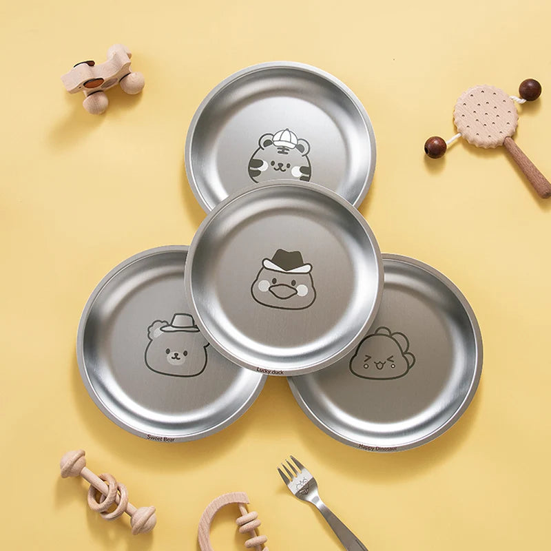 Cute Cartoon Animal Children Eco-Friendly Stainless Steel 304 Round 3-Compartment Plate Dinner Set with Utensils for Kids