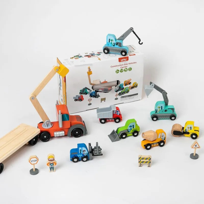 CPC Children Wooden Engineering Construction Vehicle Car Game Educational Gift Model Toys for Kids