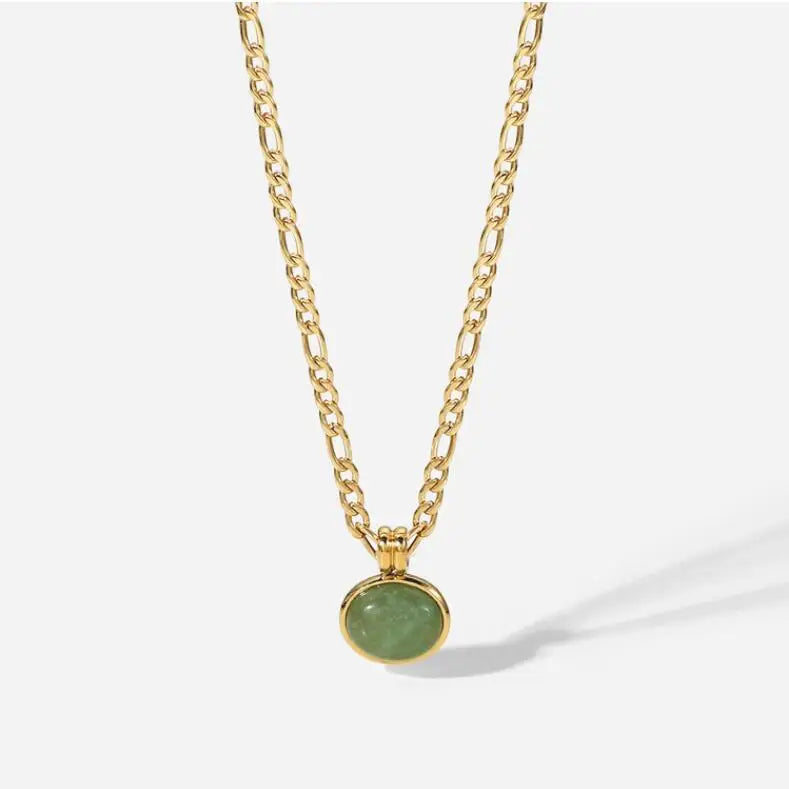 Stainless Steel Gold Plated Figaro Chain Set Classic Green Jade Natural Stone Necklace and Earrings Gemstone Jewelry