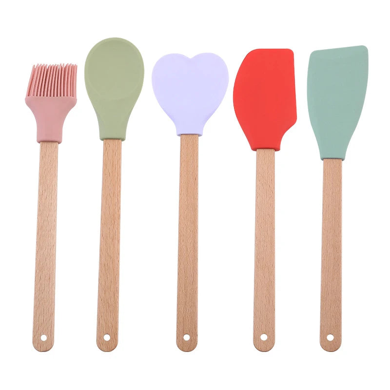 Customization 5 Piece Silicone Spatula Set Kitchen Utensil Tools Silicone Spatula Shovel Spoon Oil Brush with Wooden Handle
