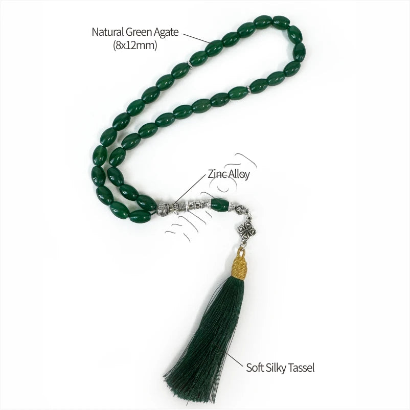 Natural Green Agate Aqeeq 8*12mm Oval Muslim Prayer Beads Arabic Fashion Tasbih Islamic Rosary