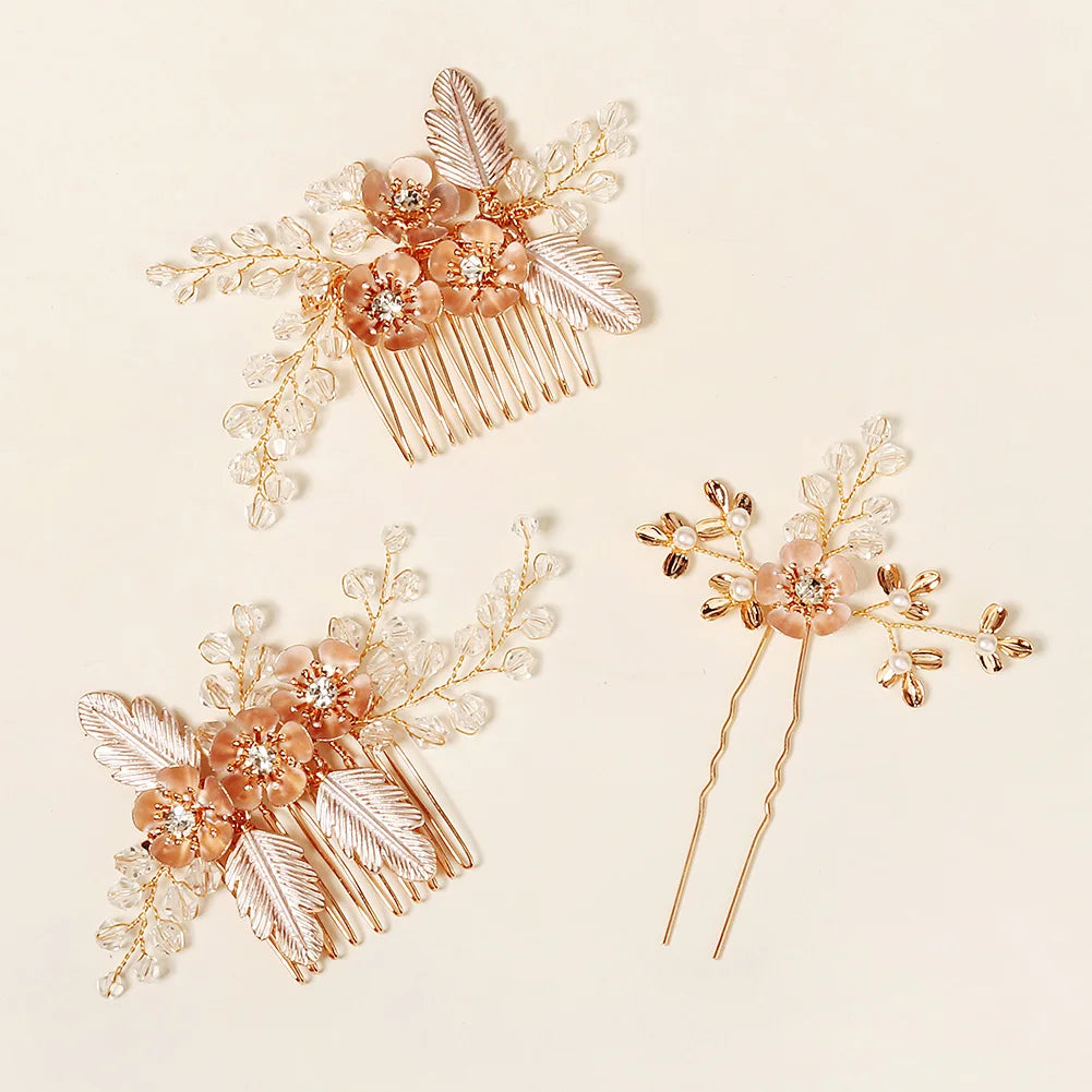 Dropshipping Gold Flowers Wedding Hair Comb Handmade Austrian Crystal Bridal Hair Jewelry Accessories Headpieces