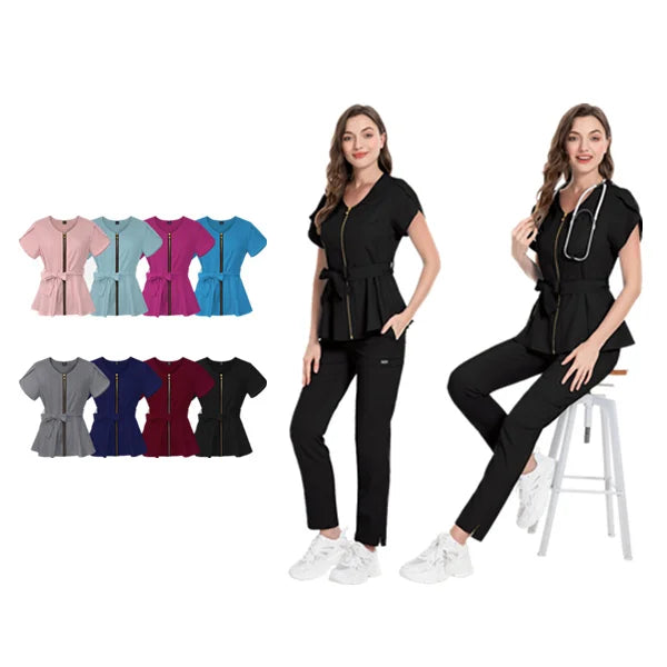 Women Custom logo Pet Hospital Nurse Doctor Zipper Jogger Pants Scrubs Suit Uniform Beauty Salon Scrubs  Jacket Sets Uniform