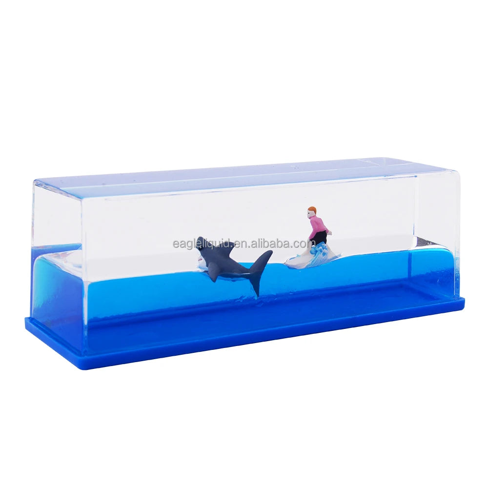 Unsinkable Boat in a Box Floating Cruise Ship Toy Liquid Wave Paper Weight Desk Toy Decor with Surfing Boy and Shark