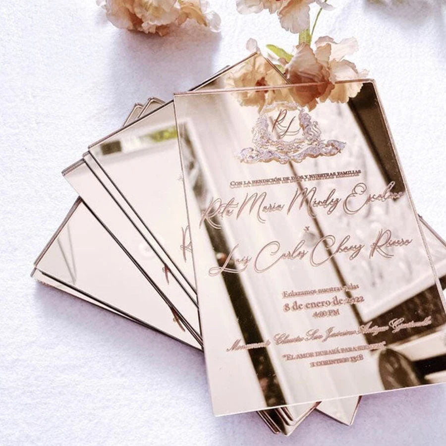Custom Luxury Invitation Card With Envelope Self Sealing Wax Seal Mirror Finished Greeting Cards Acrylic Wedding Invitation
