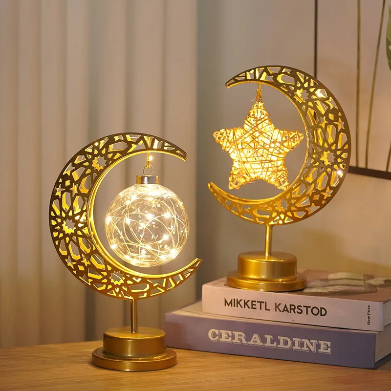 Eid Mubarak Metal Moon Star Led Night Light DIY Home Ramadan Decoration Desktop Bedroom Table Lamp Islamic Party Supplies