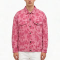 Custom Men's Denim Jacket Streetwear Trucker Overshirt with Full Printing Stand Collar Patchwork Pattern Winter