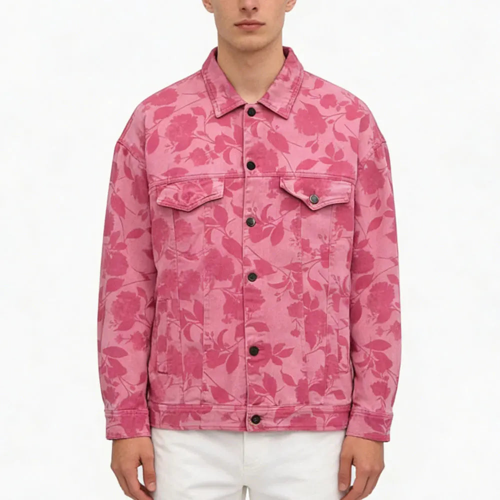 Custom Men's Denim Jacket Streetwear Trucker Overshirt with Full Printing Stand Collar Patchwork Pattern Winter