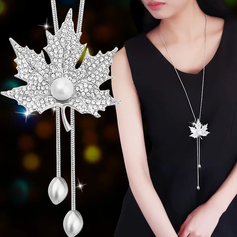 Rinhoo Hot Chain Women Jewelry Pendant Crystal Maple Leaf Sweater Chain Necklace Long Diamond Pearl Gold Plated Chains Necklaces