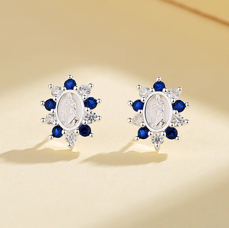 Blue Flower Fine Jewelry for Women 925 Sterling Silver Cubic Zirconia Stud Earrings