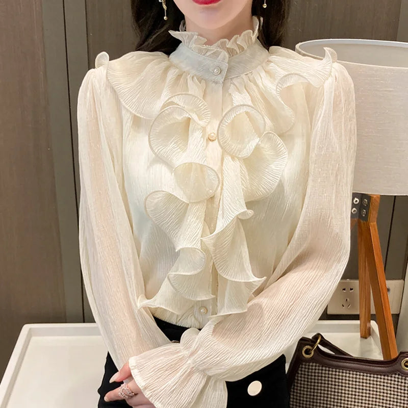 6186# Korean Ruffles Stitching Elegant Lace Blouse Woman Stand Collar Button Chiffon Shirt Long Flare Sleeve Fashion Loose Tops