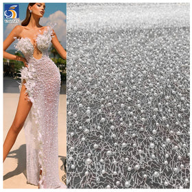 YX2655-1 2025 New Arrival White Bridal Lace Wedding Fabric Embroidery Silver White 3D Beaded Lace Pearl Fabric