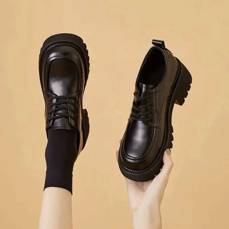 Autumn and Summer Retro Platform Heightened Small Leather Shoes Women's British Style Thick Heel Lace-up Oxford Loafers