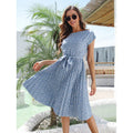 Women's Vintage Pleated Short Sleeve High Waist Chic Dress Female Casual Lace up a Line Dress