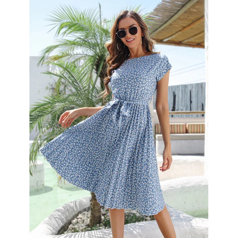 Women's Vintage Pleated Short Sleeve High Waist Chic Dress Female Casual Lace up a Line Dress