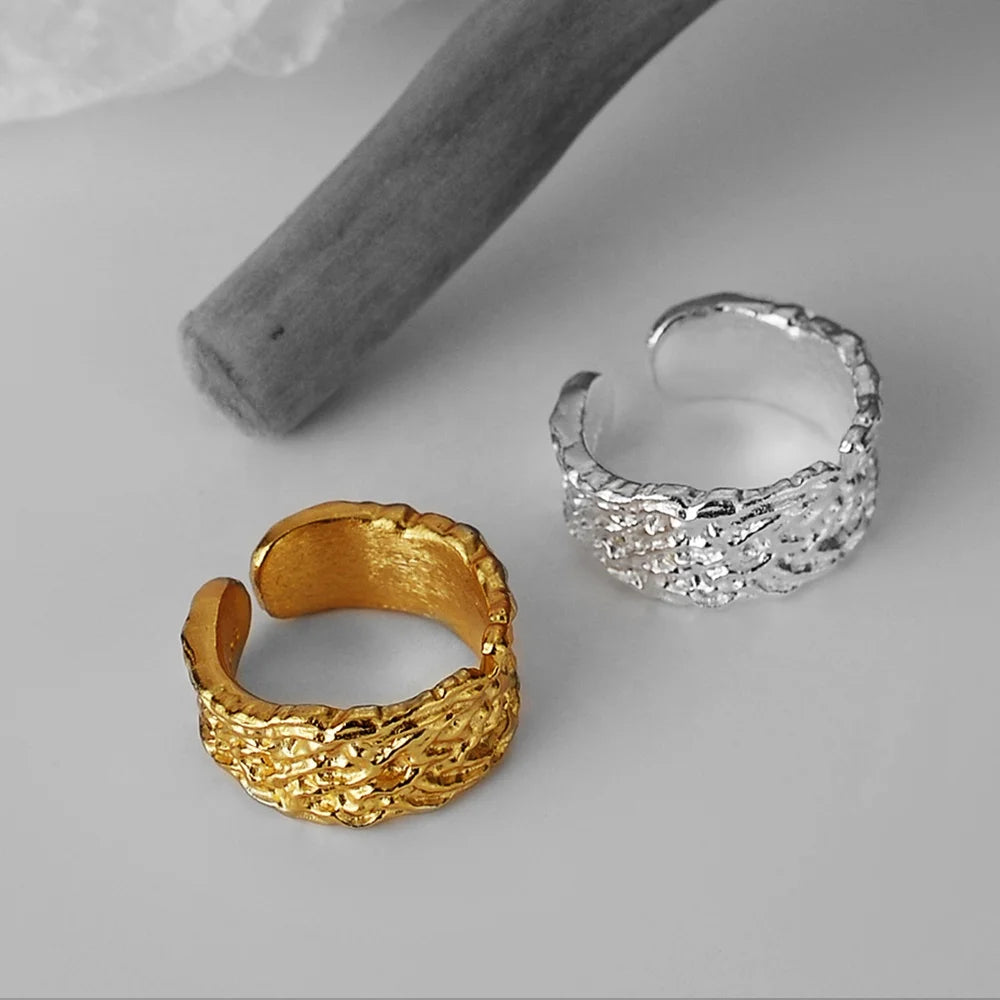 Concise Style and Niche Sterling Silver Jewelry 925 Concave Convex Ring Female Cool Wind Open Textured Index Foil Paper Ring