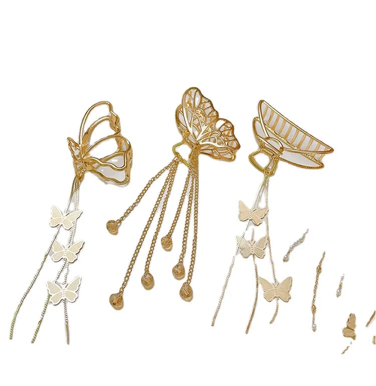 Wholesale Metal Tassel Elegant Metal Girl Hair Wiggle Claw Clip Pearl Hollow Butterfly Hair Accessories Beads Hairpins for Women