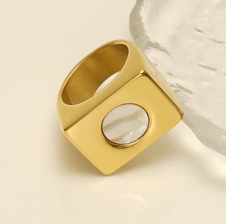 BM Trendy 18K Gold Plated Stainless Steel Waterproof Chunky Square Rings for Men