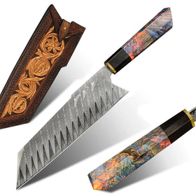 Professional 8in Solidified Wood Handle 10Cr Damascus Steel Blade Japanese Kitchen Santoku Knife Sheath FZIZUO Brand 150g