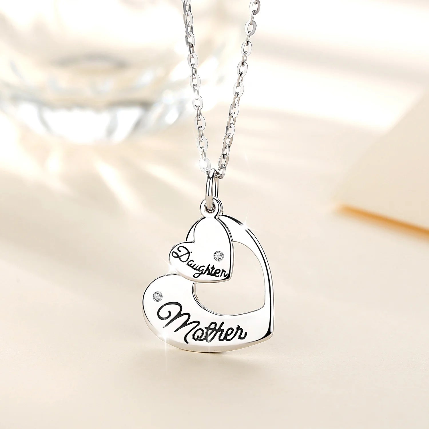 925 Sterling Silver Heart Shape Mothers Day Daughter Mom Pendant Necklaces Set for 2