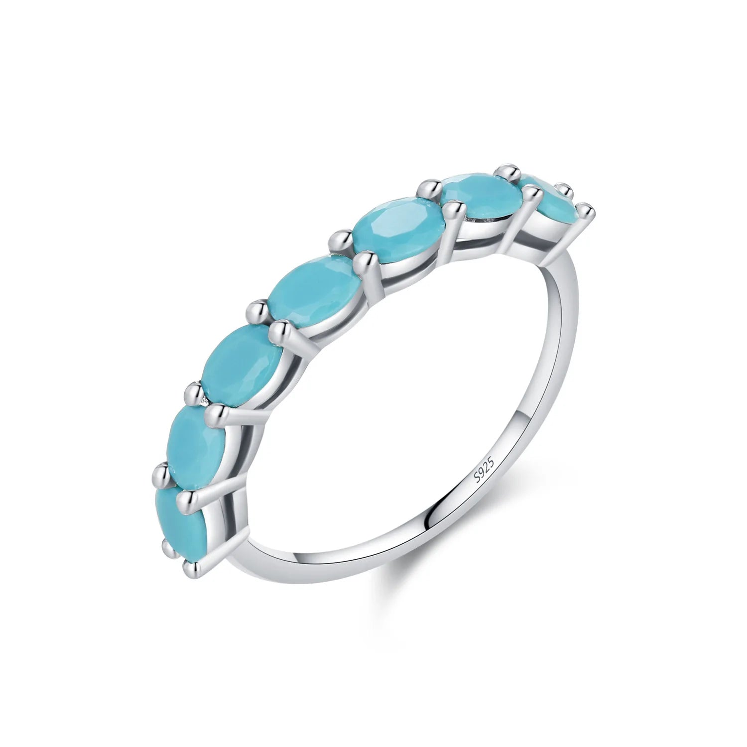 Factory Wholesale S925 Sterling Silver Turquoise Ring Elegant Oval Cut Blue Gemstone Half Eternity Band for Anniversary