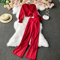 Spring Autumn Two Piece Outfits for Women Long Sleeve Blouse Shirt + High Waist Wide Leg Flares Pants Elegant Korean Sets 4E168