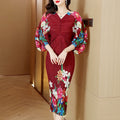 American Pleated Bat Sleeve Floor-Length for Women Spring/Summer New High Grade Eco-Friendly Fashion Print Large Elegant Long