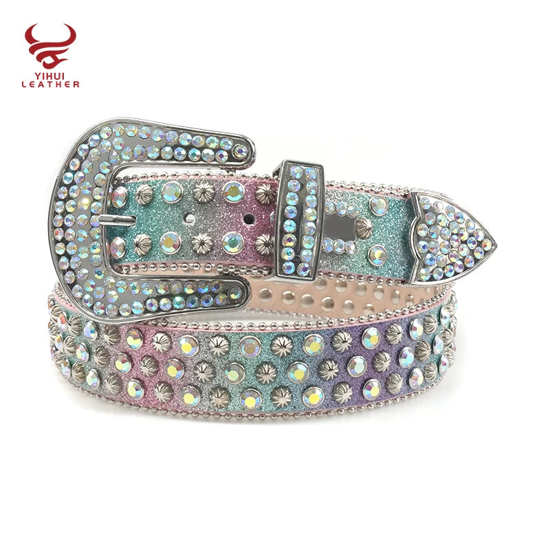 Famous Brands Removable Buckle Bling  Crystal Belt Man Western Boy Stud Conchos Screw rainbow Rhinestone Belts